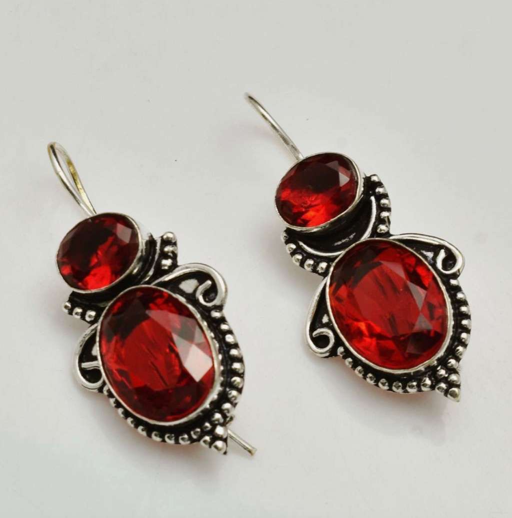 Handmade Oval Shapes Garnet Gemstone .925 Sterling Silver Earrings