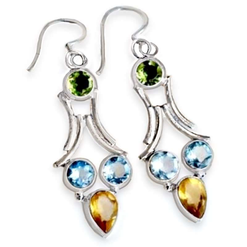Natural Blue Topaz Peridot and Citrine set in  Solid .925 Sterling Silver Earrings