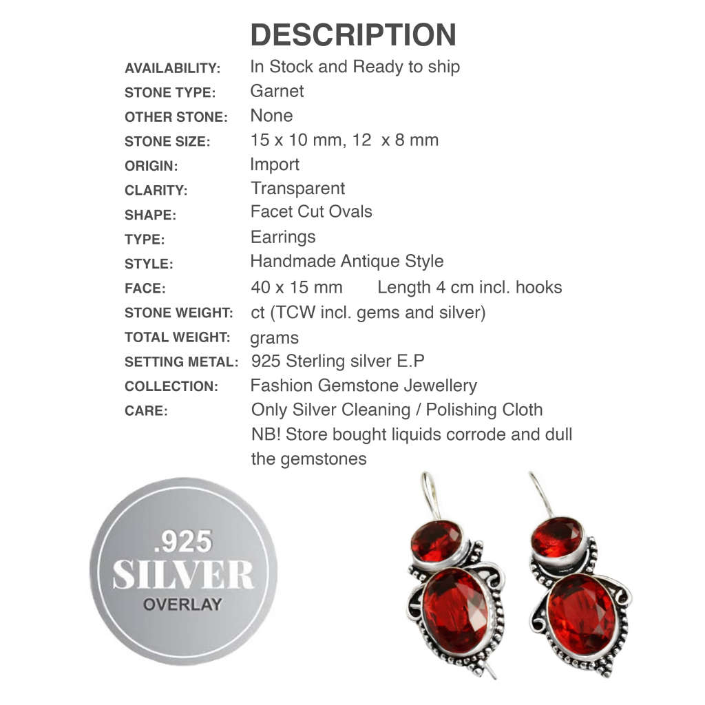 Handmade Oval Shapes Garnet Gemstone .925 Sterling Silver Earrings
