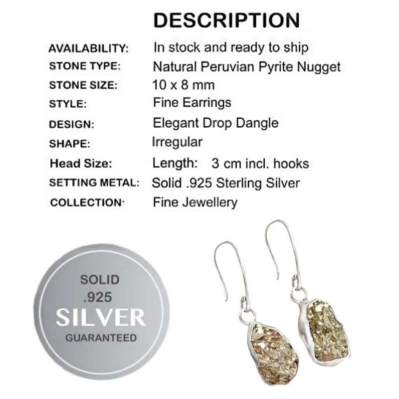 Natural Peruvian Pyrite Rough Gemstone Solid .925 Sterling Silver Earrings