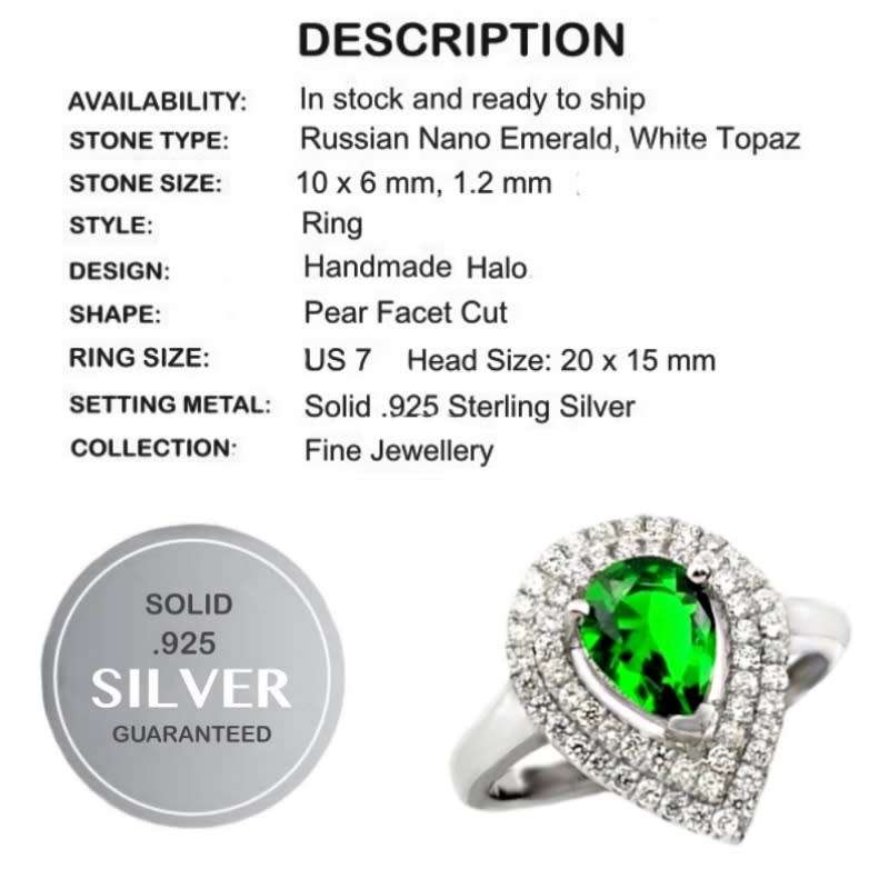 5.15 cts Beautiful Russian Nano Emerald , White Topaz in Solid .925 Sterling Silver Size 7 or O