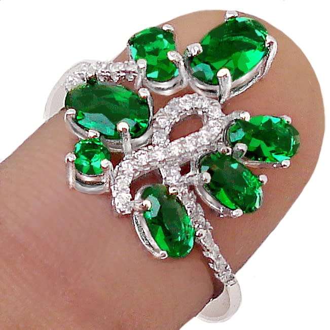 Handmade Russian Nano Emerald , White Topaz Solid .925 Sterling Silver Ring Size US 7 or O