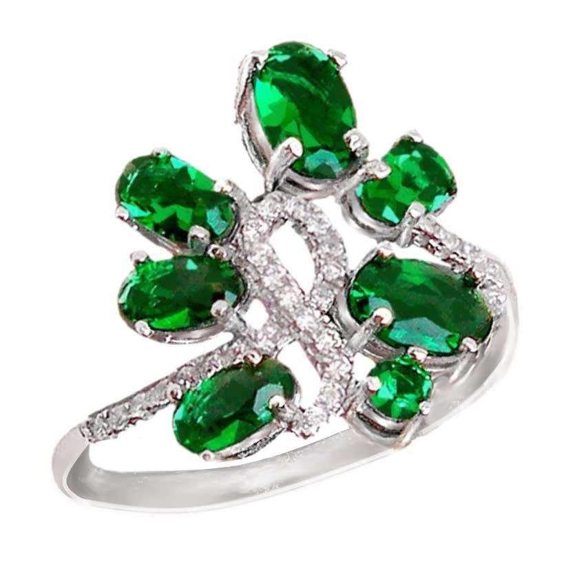 Handmade Russian Nano Emerald , White Topaz Solid .925 Sterling Silver Ring Size US 7 or O