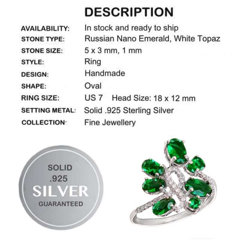 Handmade Russian Nano Emerald , White Topaz Solid .925 Sterling Silver Ring Size US 7 or O