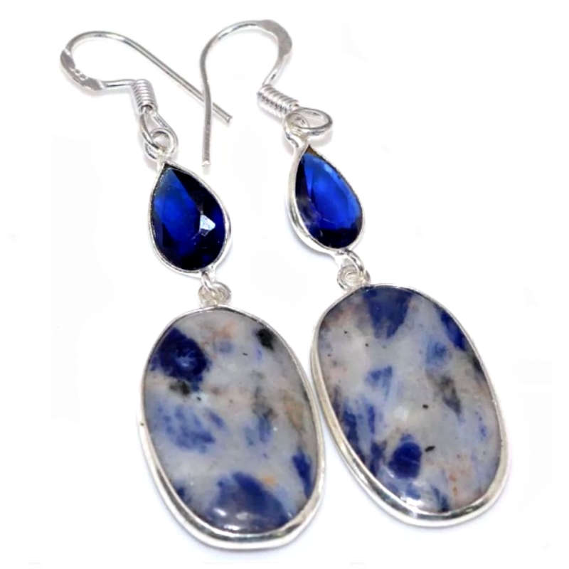 Natural Sodalite and Sapphire Quartz Gemstone  925 Sterling Silver Earrings