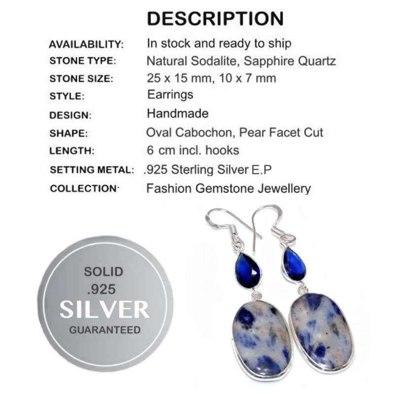 Natural Sodalite and Sapphire Quartz Gemstone  925 Sterling Silver Earrings