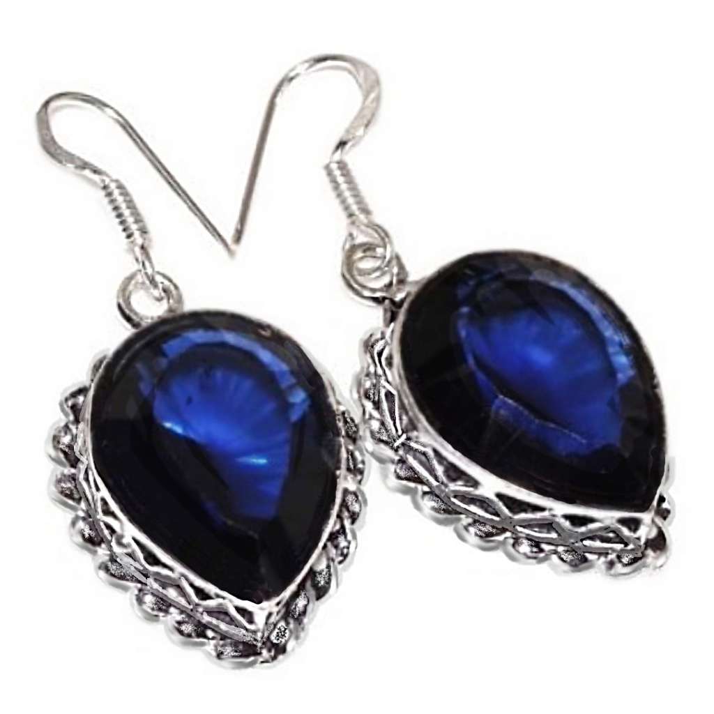 Faceted Blue Spinel Pear Shape Gemstone 925 Silver Earrings