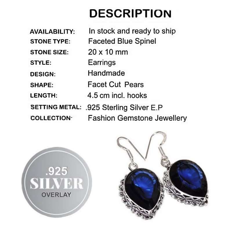 Faceted Blue Spinel Pear Shape Gemstone 925 Silver Earrings