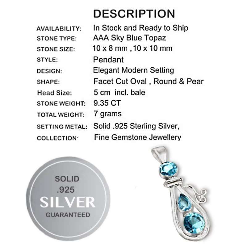 9.35 cts Sky Blue Topaz Mixed Shapes Gemstones set in Solid .925 Sterling Silver Pendant