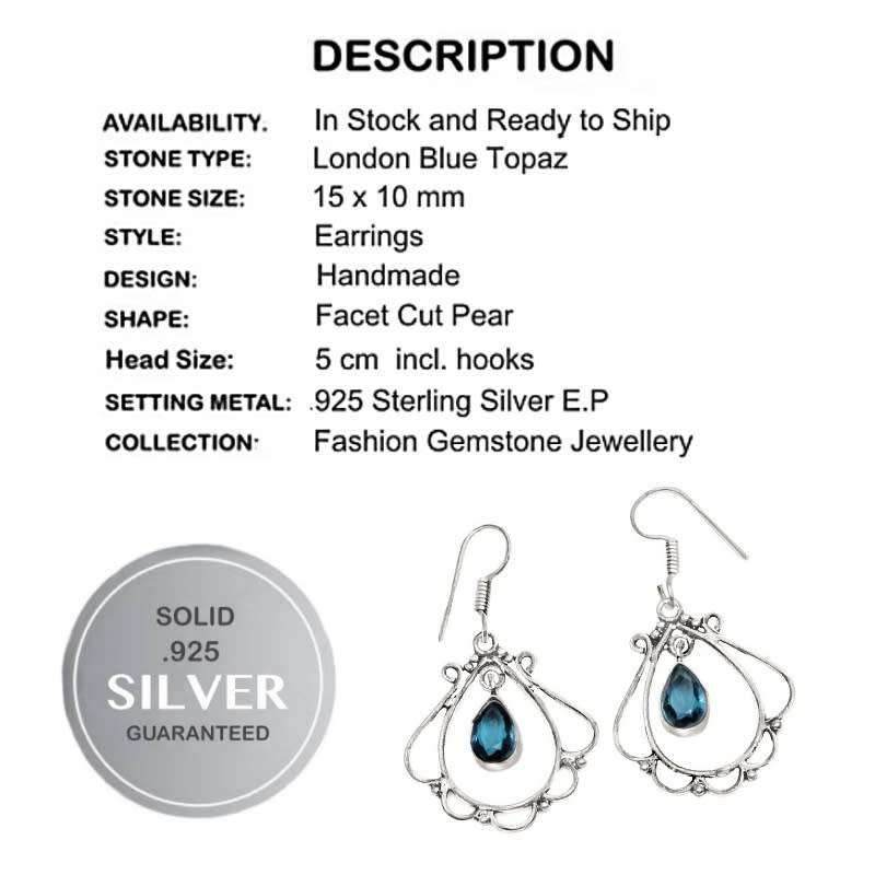Handmade London Blue Topaz . 925 Sterling Silver Earrings