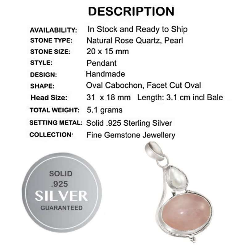 Natural Rose Quartz, and White Pearl set in Solid .925 Sterling Silver Dainty Pendant