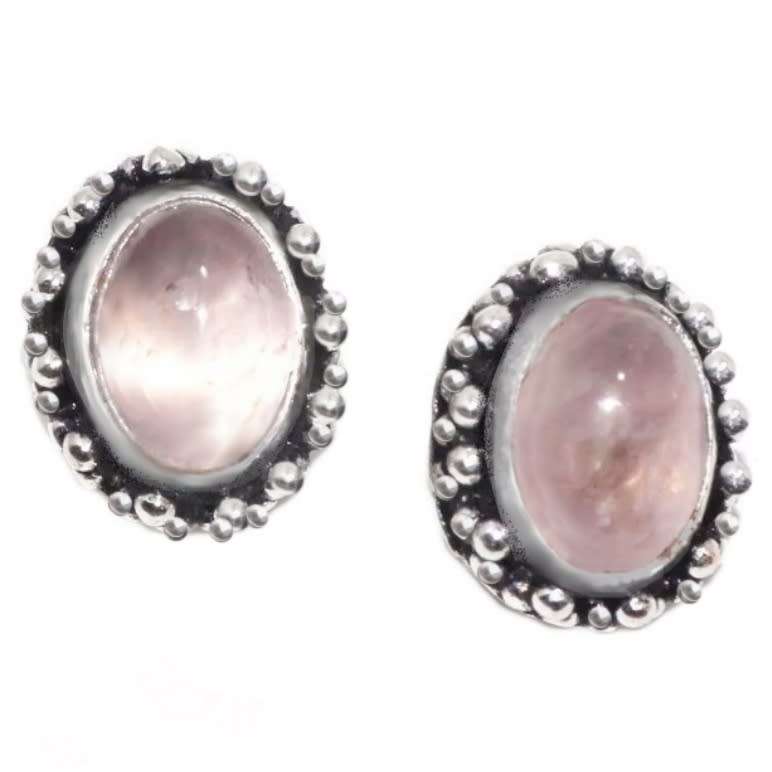 Natural Pink Rose Quartz Oval Gemstone .925 Silver Stud Earrings