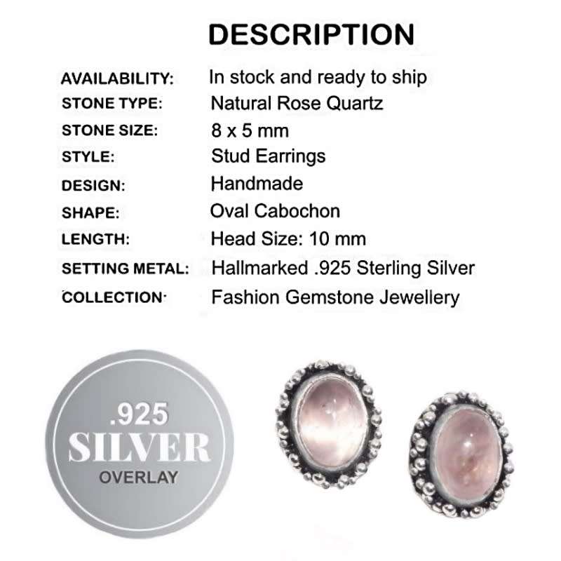 Natural Pink Rose Quartz Oval Gemstone .925 Silver Stud Earrings