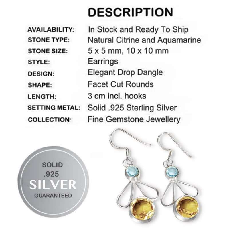 Natural Aquamarine and Citrine Set in Solid 925 Sterling Silver Earrings