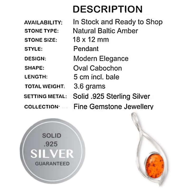 Captivating Modern Baltic Amber set in Solid .925 Sterling Silver Pendant