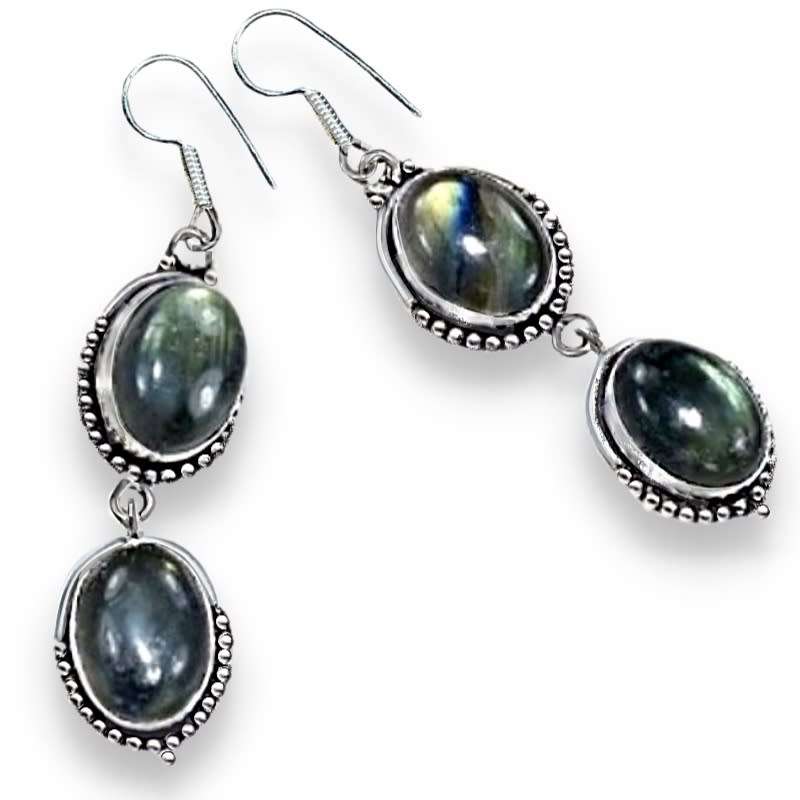 Natural Labradorite Ovals set in .925 Sterling Silver Plated Handmade Drop Dangle Earrings