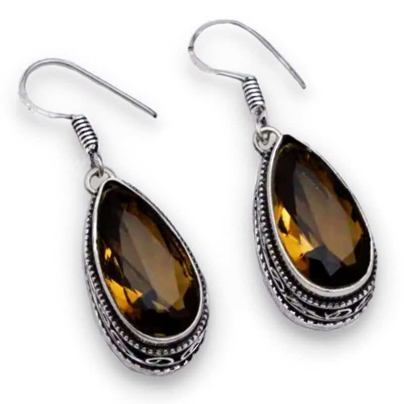 Smoky Topaz Pears and White River Pearl Gemstone 925 Sterling Silver Plated Handmade Earrings