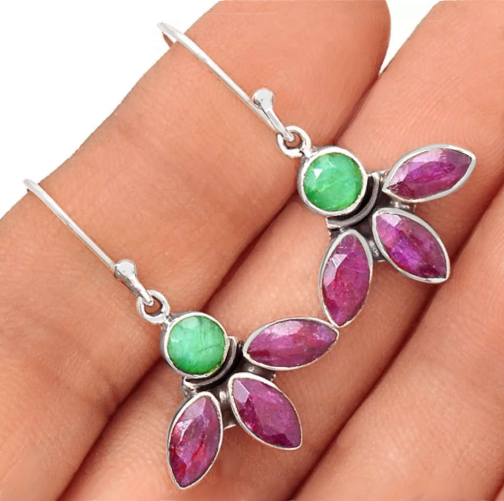 Natural Ruby Emerald Marquise Gemstone Solid .925 Sterling Silver Earrings