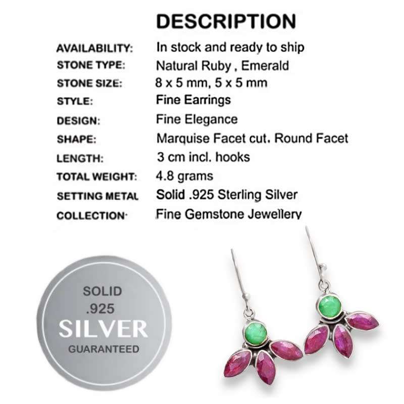 Natural Ruby Emerald Marquise Gemstone Solid .925 Sterling Silver Earrings