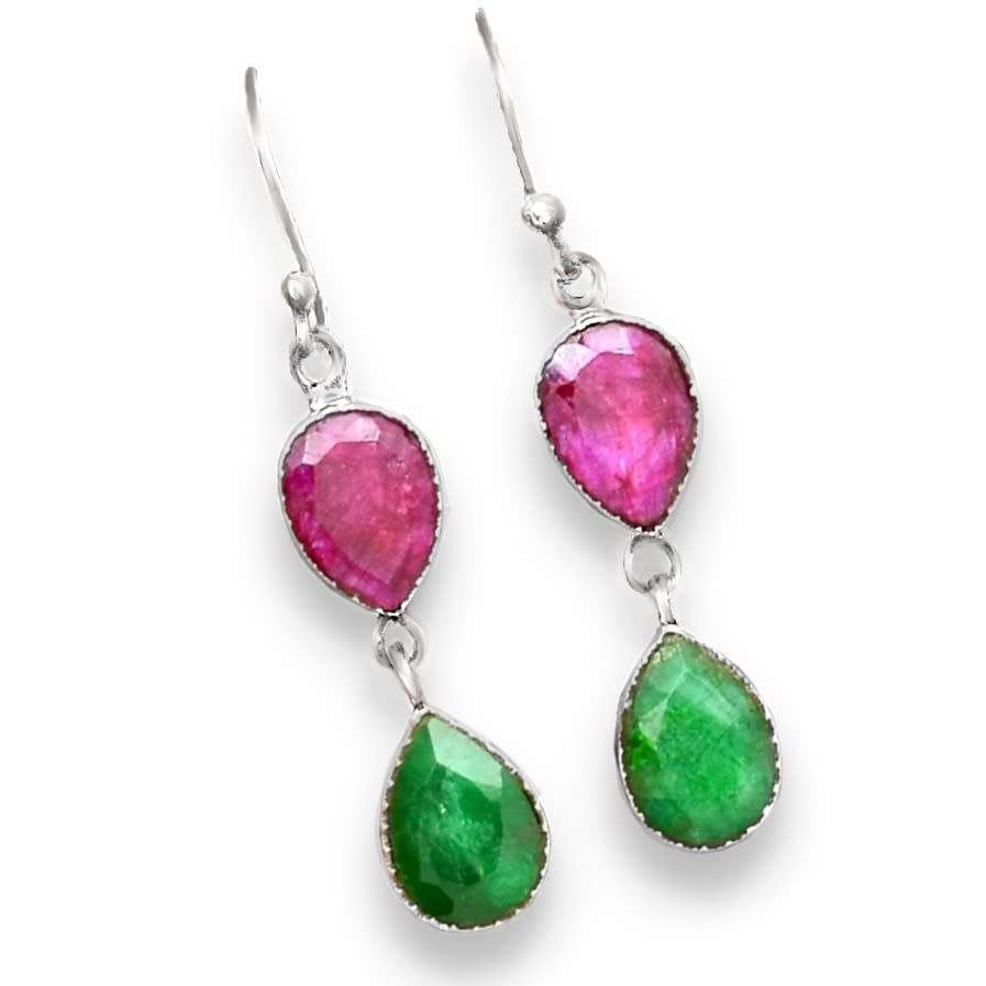 Exquisite Indian Red Ruby, Emerald Gemstone Solid .925 Sterling Silver Earrings