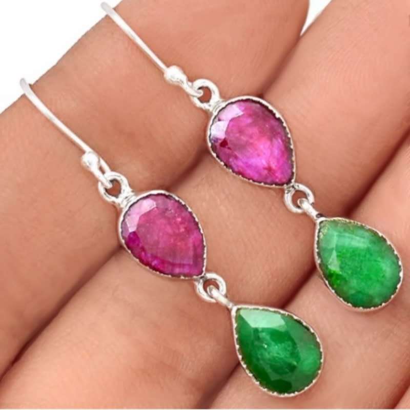 Exquisite Indian Red Ruby, Emerald Gemstone Solid .925 Sterling Silver Earrings