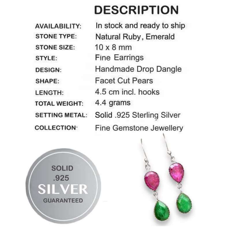 Exquisite Indian Red Ruby, Emerald Gemstone Solid .925 Sterling Silver Earrings
