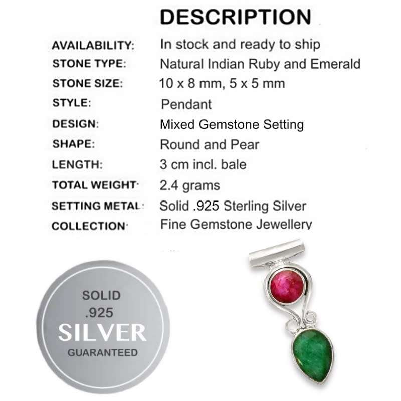 Natural Indian Ruby, Emerald Set in Solid  .925 Sterling Silver Pendant
