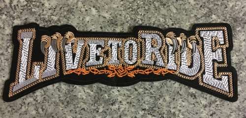 BDG1018 Live to ride back badge patch LARGE in white and tan