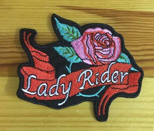 SALE!!  BDG1093 Lady rider with ribbon and flower patch badge