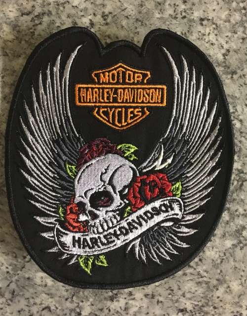 BDG1119  LARGE Skull with flowers and wings H D patch badge 15CM X 14CM