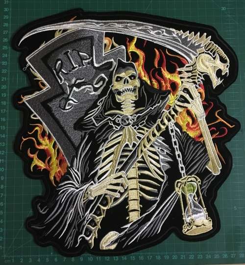 BDG1124 Large Reaper with flames and thombstone badge patch 30cm x 31cm