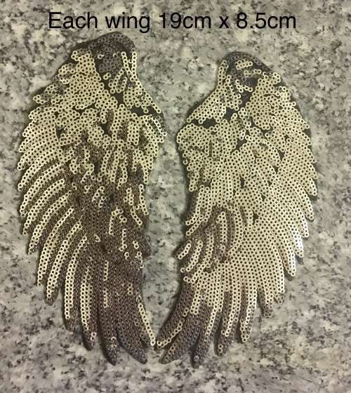 BDGsilver Medium Iron on sequins wings patches - set of 2 wings Each wing 19cm x 8.8cm