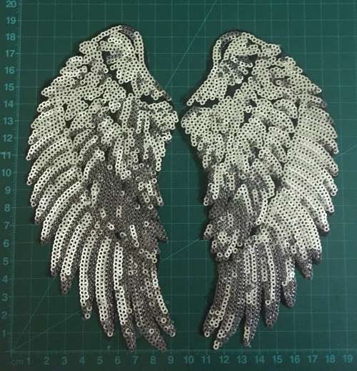 BDGsilver Medium Iron on sequins wings patches - set of 2 wings Each wing 19cm x 8.8cm