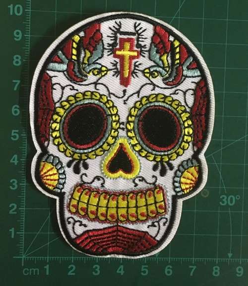 BDG Sugar Skull day of dead patch badge on white with cross 10cm x 8cm