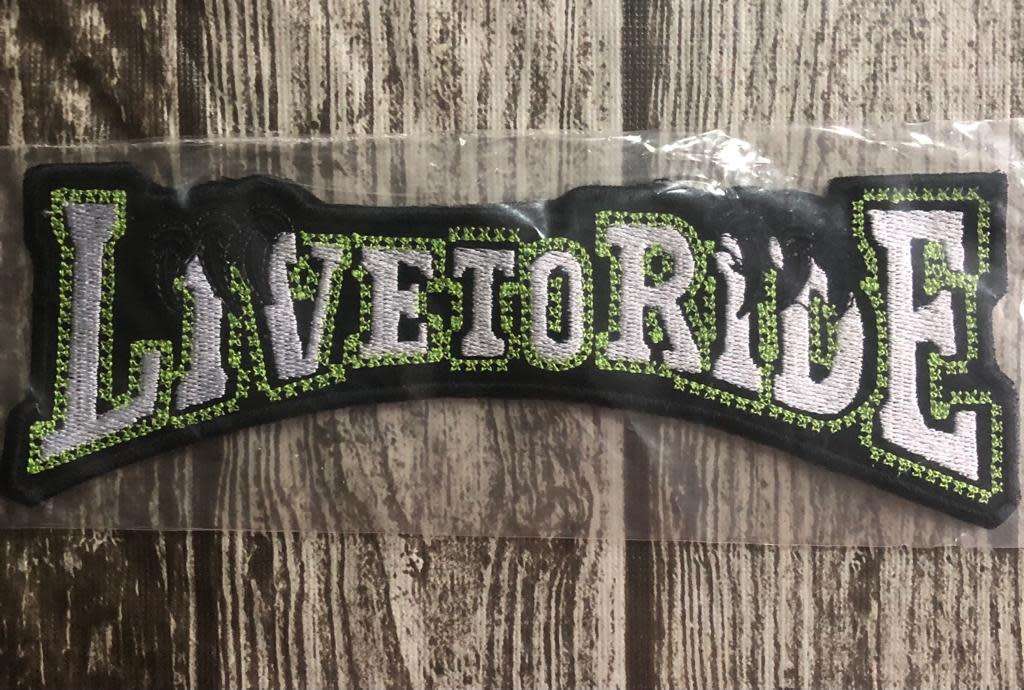 Live to ride eagle patch in green and white 17.5cm x 6cm