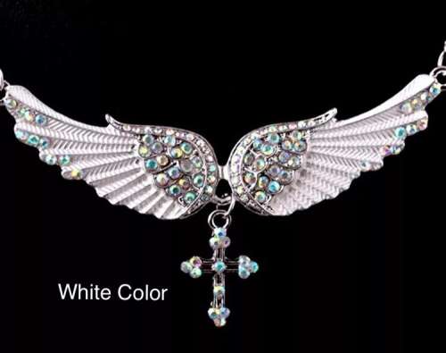 Silvertone nickle plated wings and cross with rhinestone finish in white finish neclace