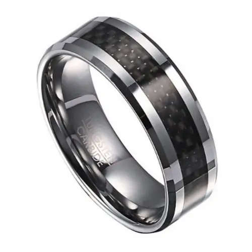 MEN`S TUNSGTEN RING - BLACK CARBON INLAY DESIGN (VARIOUS SIZES AVAILABLE)
