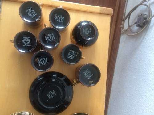 FANTASTIC SEVRES COFFEE SET FOR SIX INCLUDING COFFEE POT, MILK JUG and SUGAR BOWL BLACK and GOLD