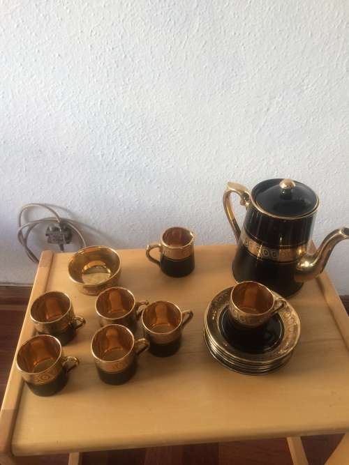 FANTASTIC SEVRES COFFEE SET FOR SIX INCLUDING COFFEE POT, MILK JUG and SUGAR BOWL BLACK and GOLD