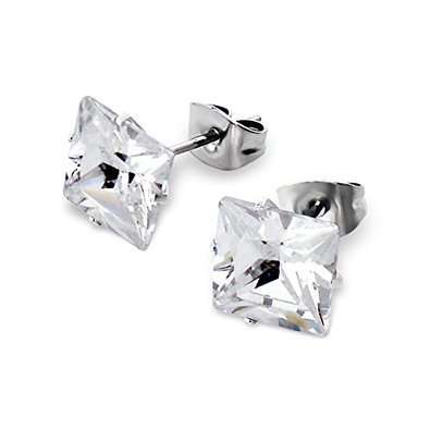 STERLING SILVER 925 SQUARE 4MM "BECKHAM" STUD EARINGS WITH CUBIC ZIRCONIA