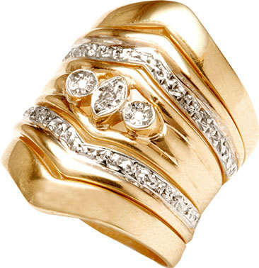 9ct Solid Yellow Gold `Faye` wedding set (Quinset - 5 Rings) with 3 diamonds