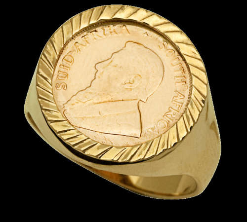 9CT YELLOW GOLD GENTS COIN RING WITH A  22CT GOLD 1/10 KRUGER COIN