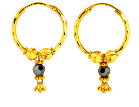 9ct Yellow Gold Ladies Engraved Hoop earring with Black Swarovski Crystal and Gold drops