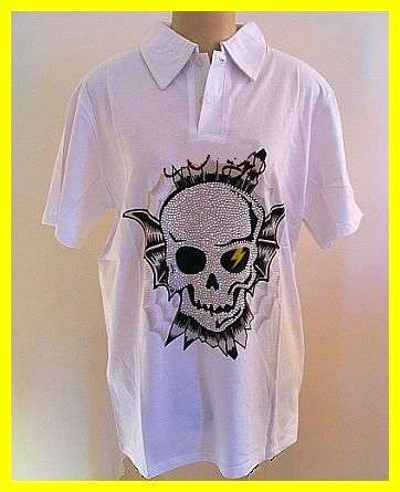 WHITE POLO T-SHIRT WITH BLING SKULL DESIGN - SIZE: X LARGE