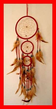 RED LEATHER DREAMCATCHER WITH SILVER BEADS AND FEATHERS