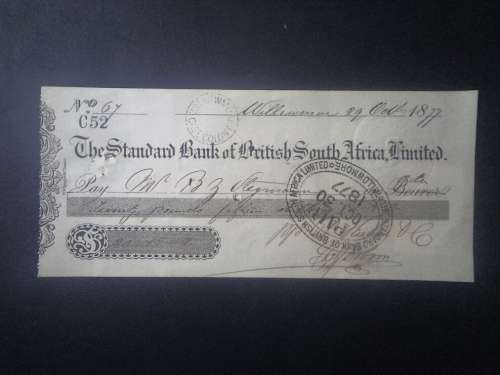 1877 British South Africa Cheque