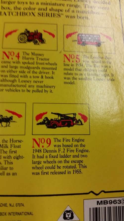 1993 - MATCHBOX LESNEY - ORIGINAL - SERIES 9 - 1948 DENNIS F2 FIRE ENGINE - MADE IN ENGLAND