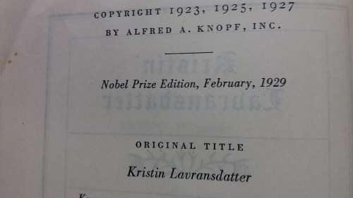 KRISTIN LABRANSDATTER by SIGRID UNDSET NOBEL PRIZE EDITION PUBLISHED 1929