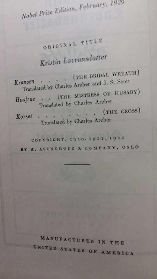 KRISTIN LABRANSDATTER by SIGRID UNDSET NOBEL PRIZE EDITION PUBLISHED 1929
