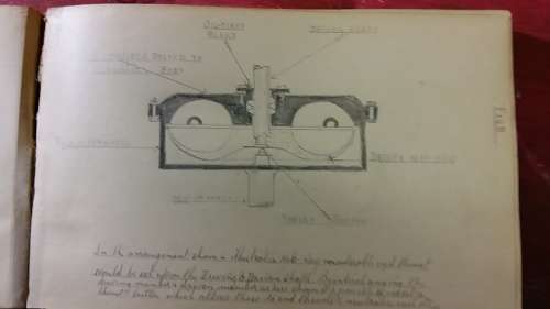 OLD SKETCHBOOK WITH INTRICATE DRAWINGS, DIAGRAMS AND CARTOONS